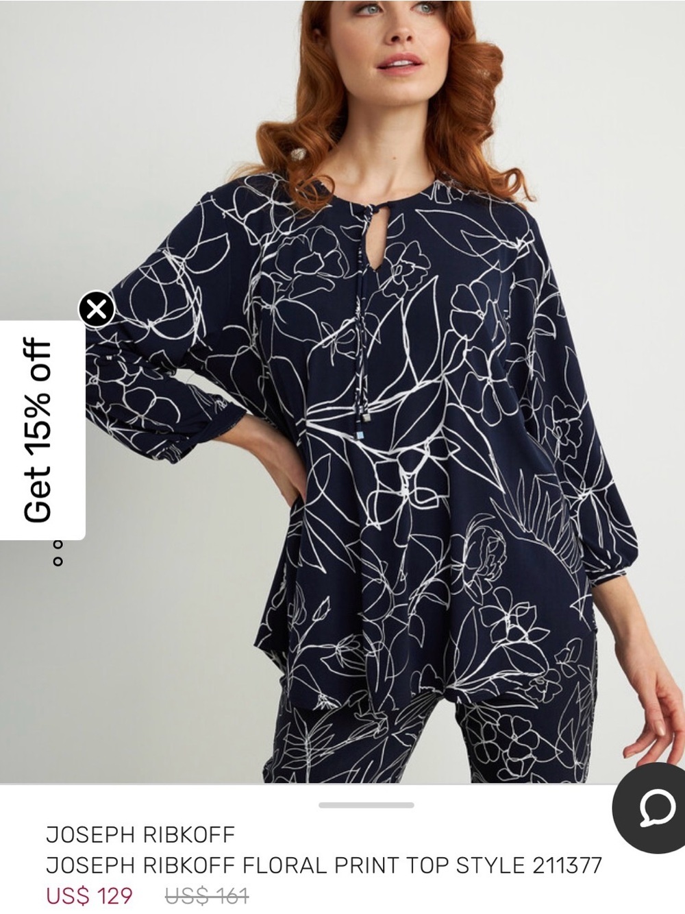 Joseph Ribkoff navy & White Floral Tie-Front Tunic ptp 20-22 length 27